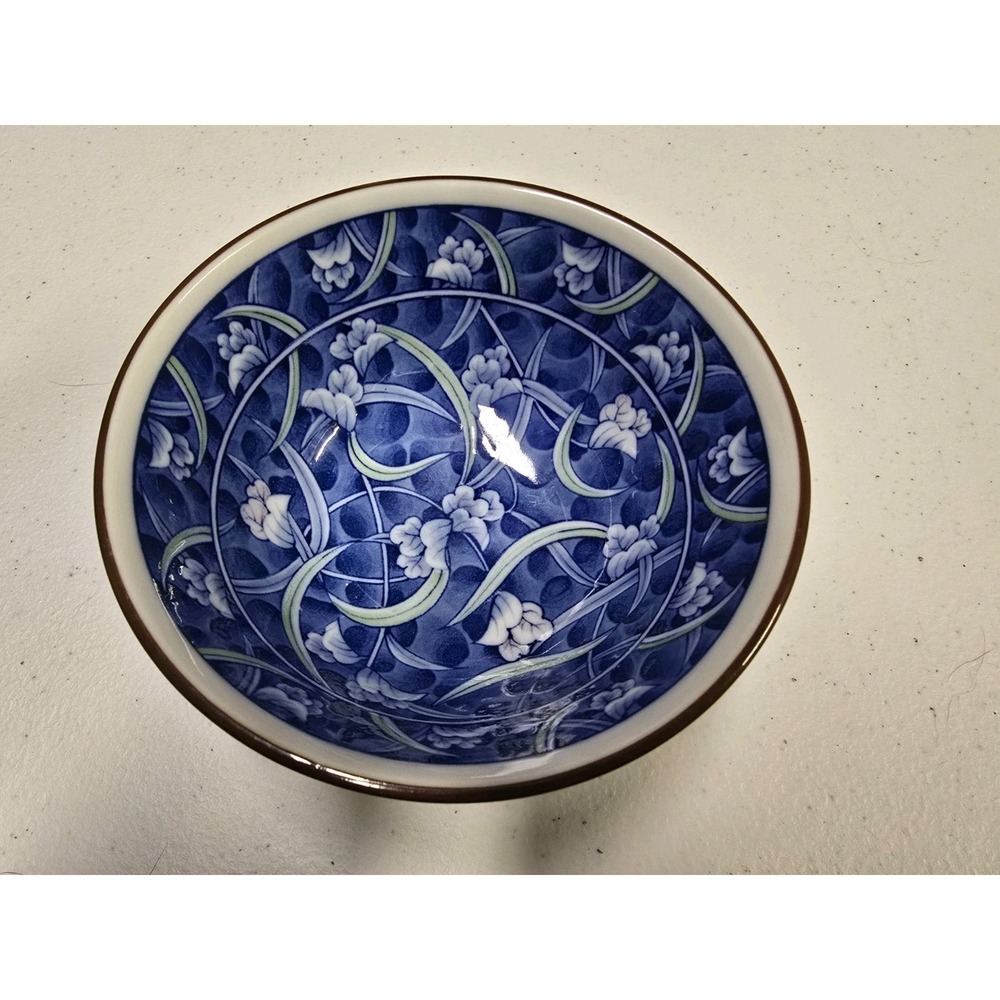 Beautiful Vintage Japanese Hijiri Gama Green & Blue Porcelain Floral Rice Bowl